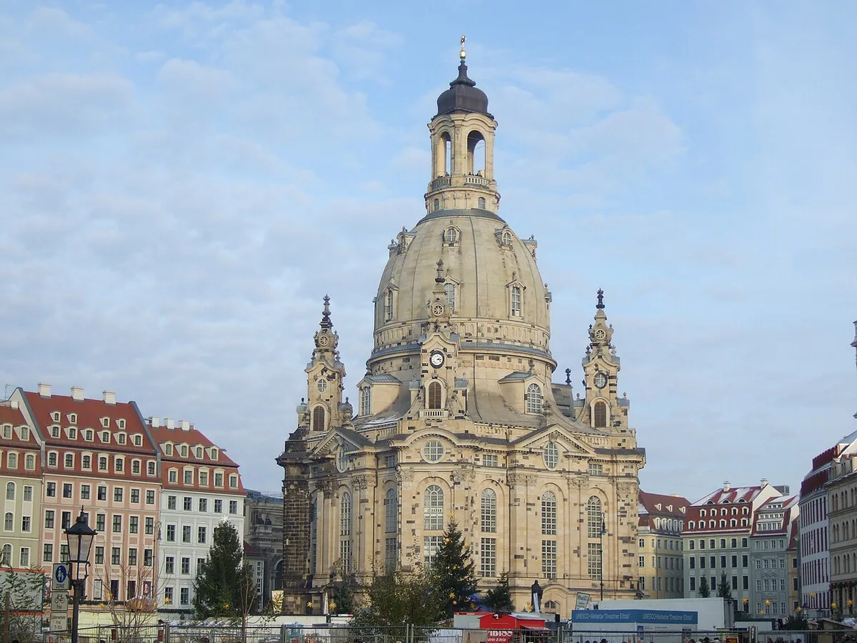 The tall Christmas pyramid above the Striezelmarkt stalls on Dresden's Altmarkt — 2