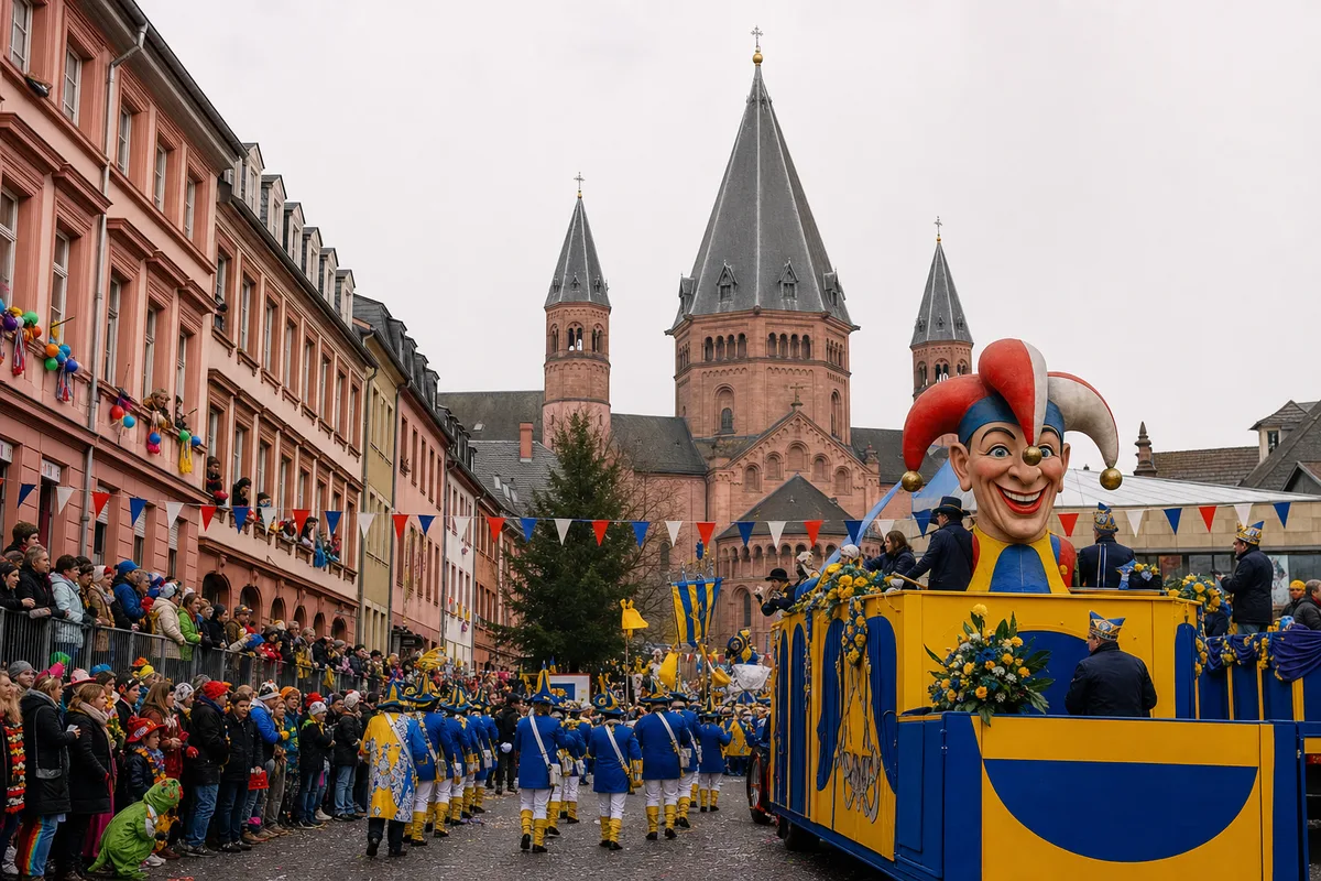 Carnival float and marching group moving past spectators near Mainz Cathedral